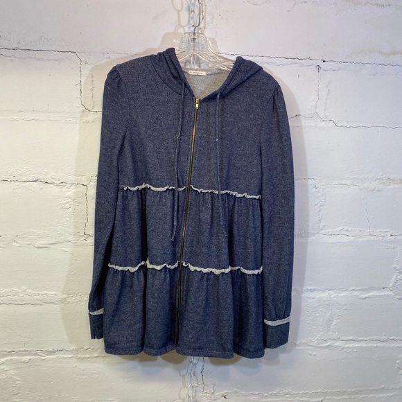 12PM by Monday Ami Womens Swing Zip Up Hoodie Cotton Denim Look Sweatshirt - Picture 2 of 12